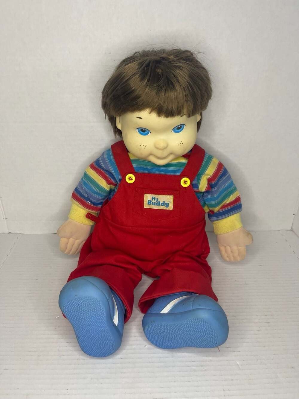 Vintage 1980s My Buddy Doll with Original Overalls and Striped Shirt